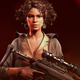 Deathloop's Julianna looks out at the viewer while holding a rifle with a massive scope on it.